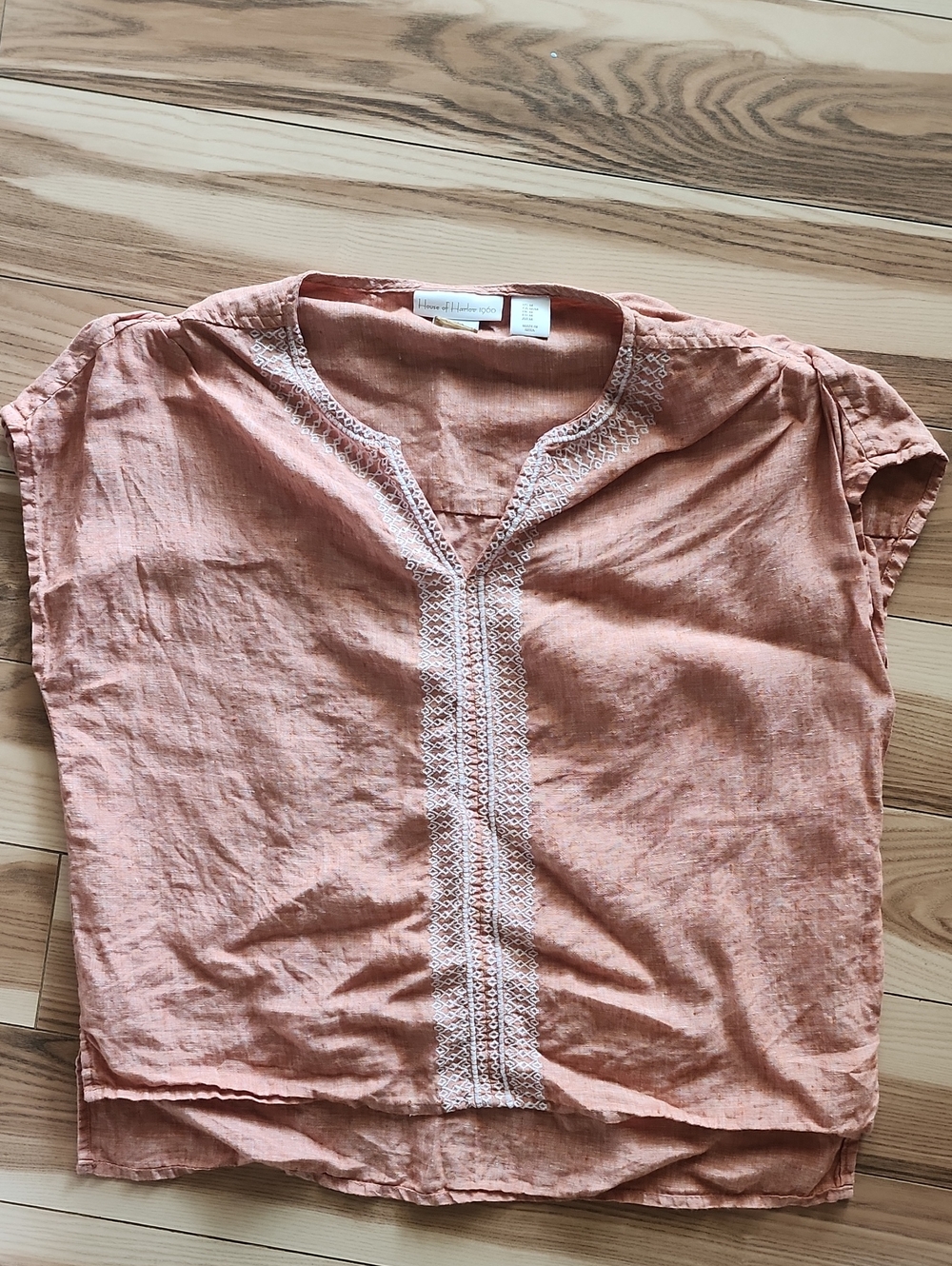 House of Harlow 1960 Peach Embroidered Split-Neck Linen Top